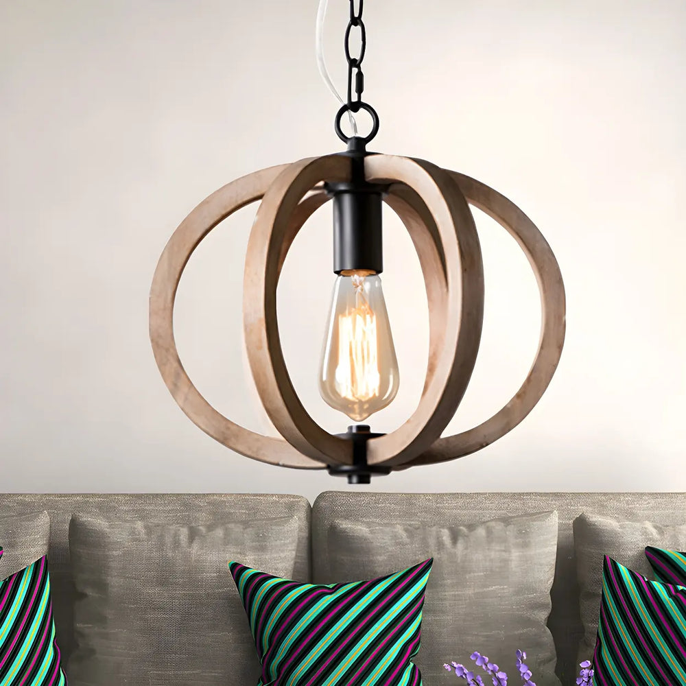 Living Room Traditional Wood Brown Orb Pendant Light