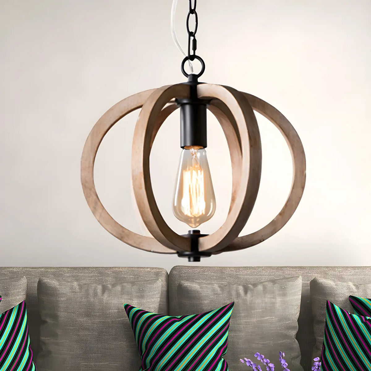 Living Room Traditional Wood Brown Orb Pendant Light