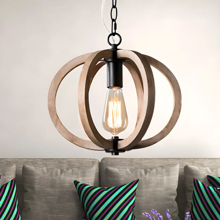 Living Room Traditional Wood Brown Orb Pendant Light