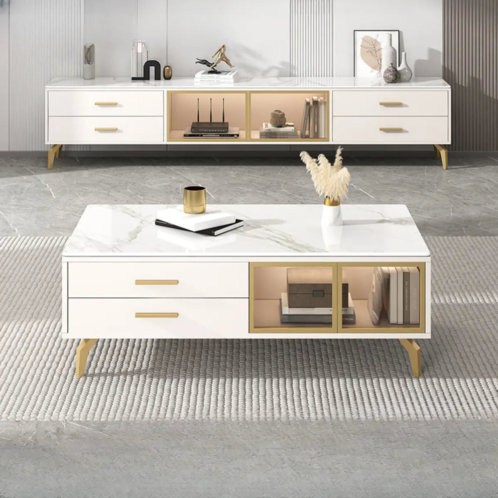 Living Room White Stone Cabinet Drawers Long TV Stand