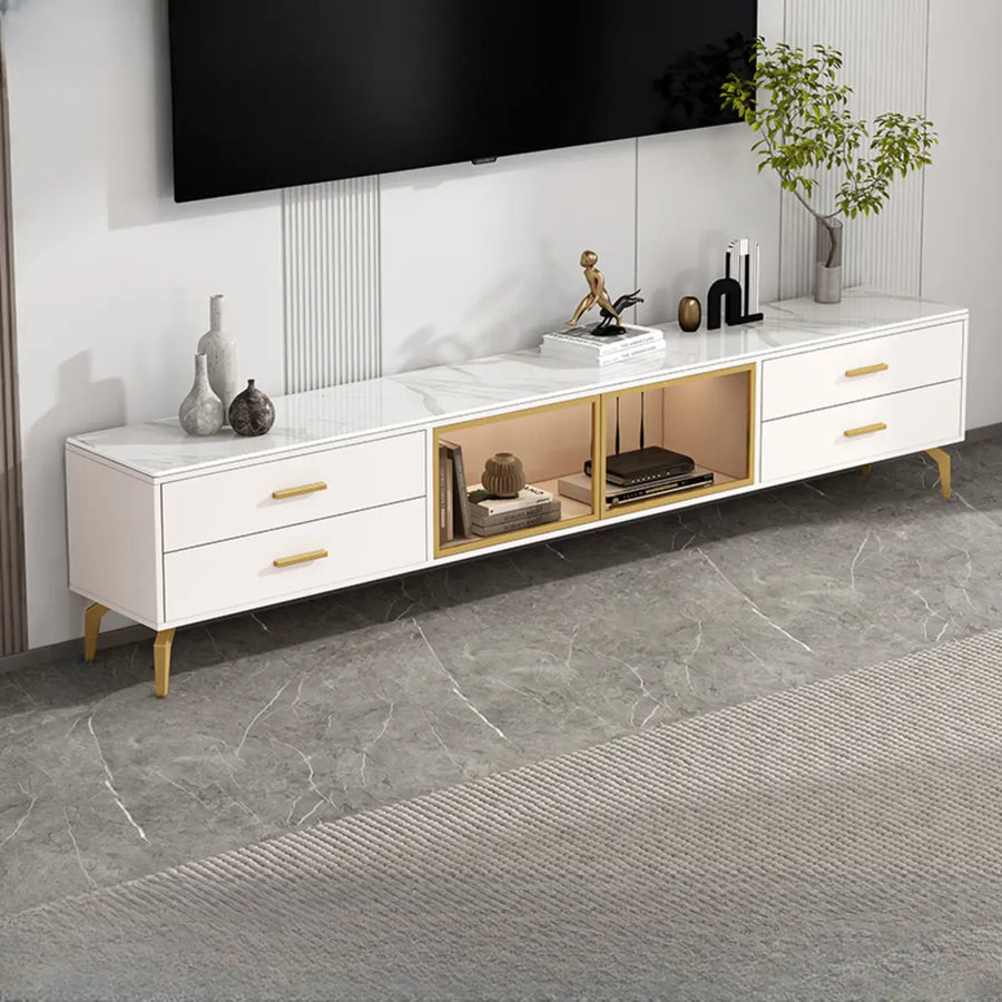 Living Room White Stone Cabinet Drawers Long TV Stand