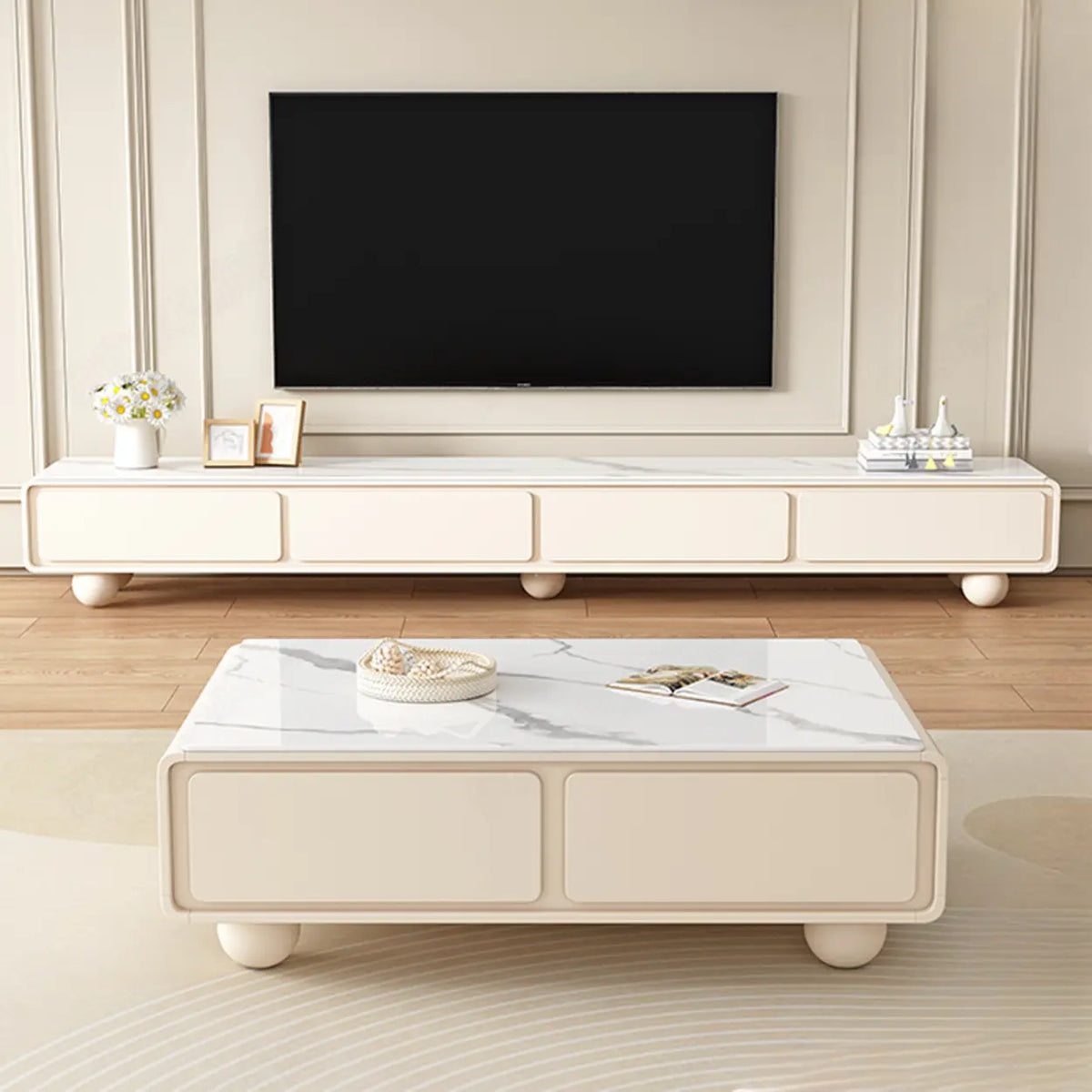 Living Room White Wood Rectangular Drawers TV Stand