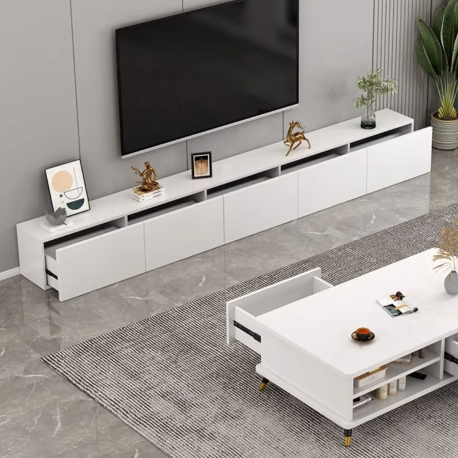 Living Room White Wooden Rectangular Drawers TV Stand