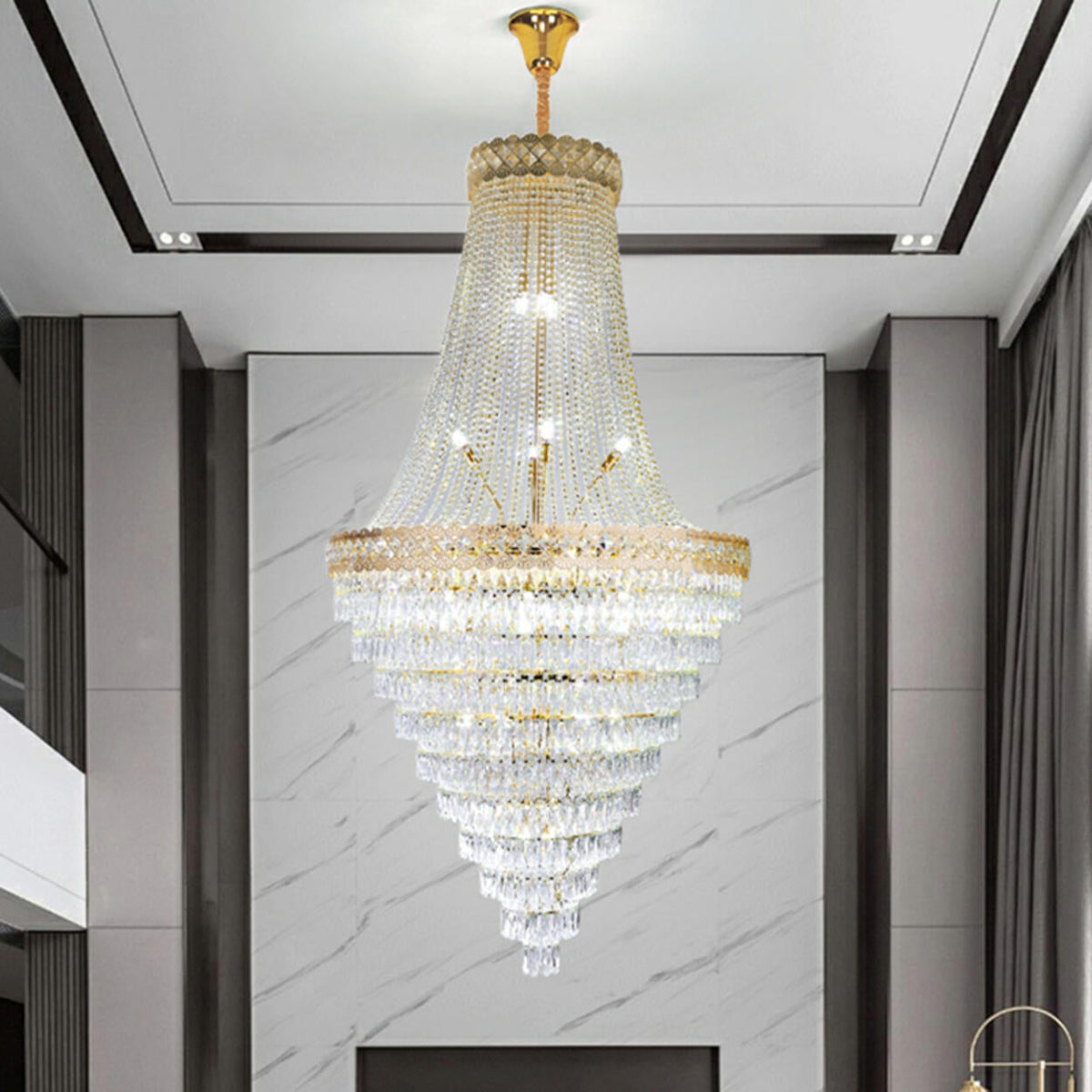 Luxurious Tiered Crystal Cascading Rock Glass Chandelier