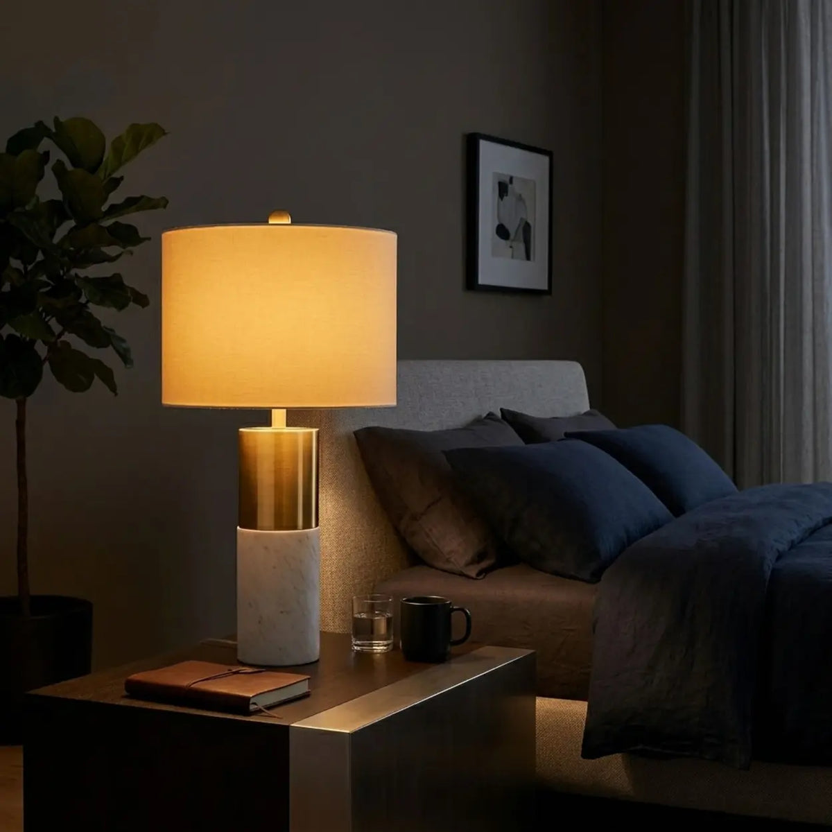 Modern Dimmable Marble Table Lamp with Beige Fabric Shade