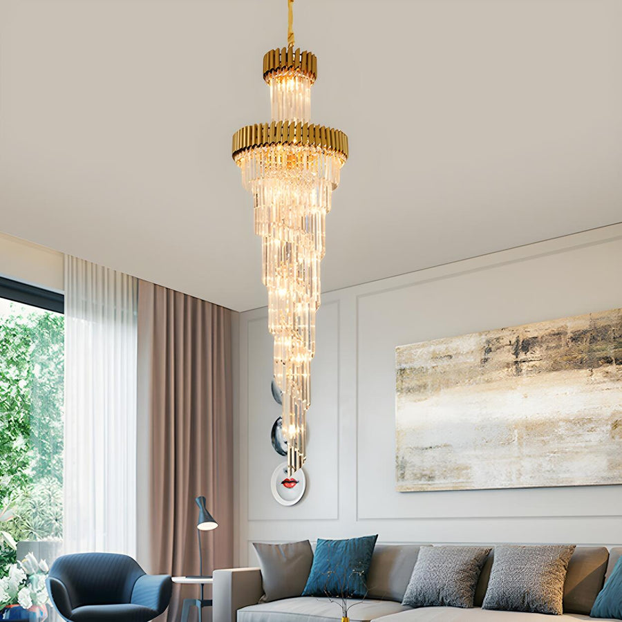 Luxury Gold Spiral Tiered Crystal Prism Chandelier