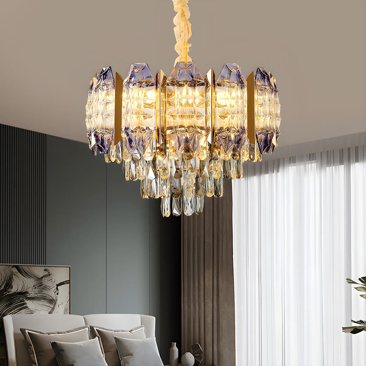 Luxury Gold Tiers Crystal Conical Prism Hanging Chandelier