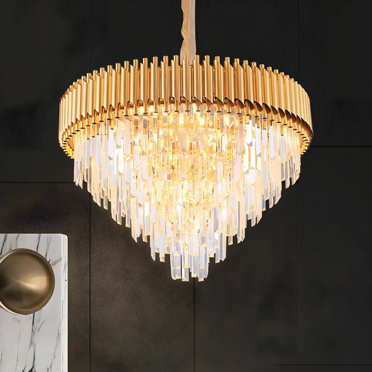 Luxury Golden Clear Crystal Tiered Chandelier Bedroom