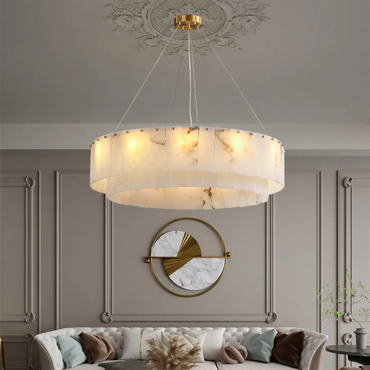 Luxury Tiered Brass and Alabaster Circular Hanging Chandelier