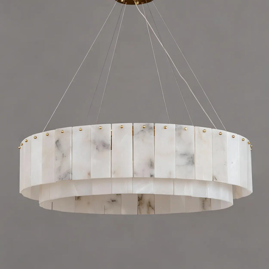 Luxury Tiered Brass and Alabaster Circular Hanging Chandelier