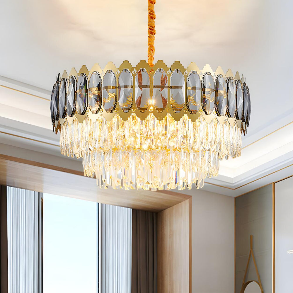 Luxury Tiered Clear Prisms Gold Crystal Drum Chandelier