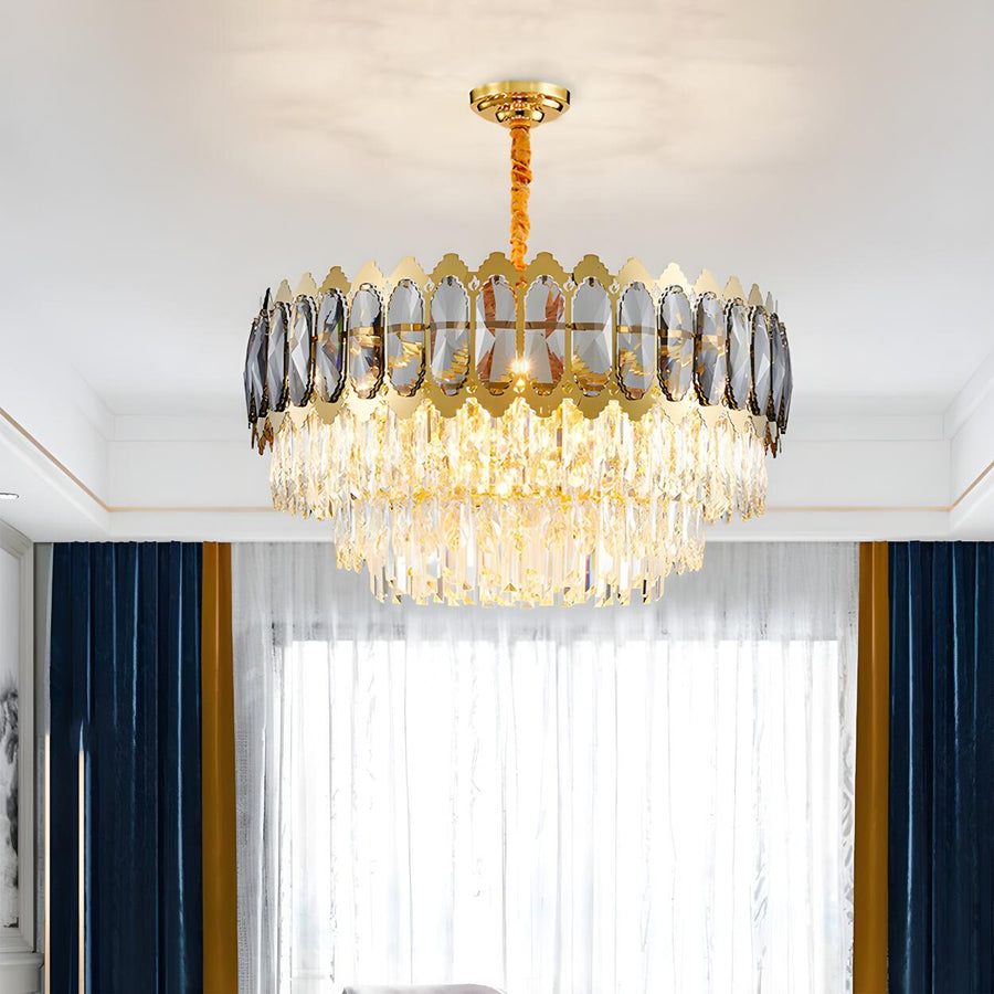 Luxury Tiered Clear Prisms Gold Crystal Drum Chandelier