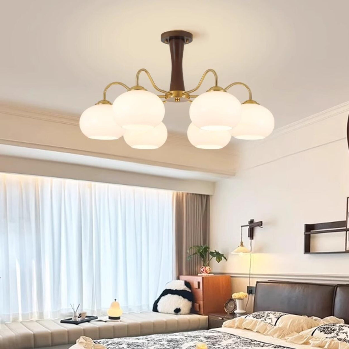 Mid-Century Brass White Glass Drum Chandelier
