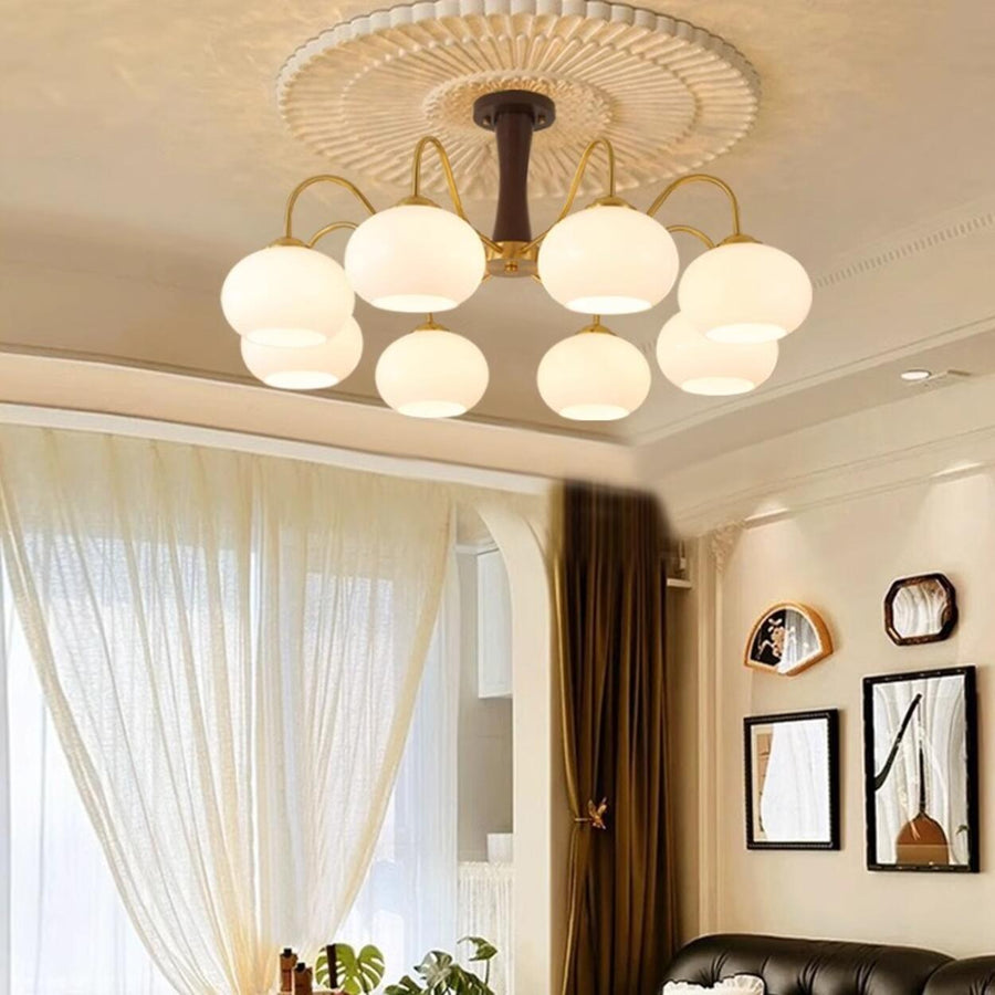 Mid-Century Brass White Glass Drum Chandelier