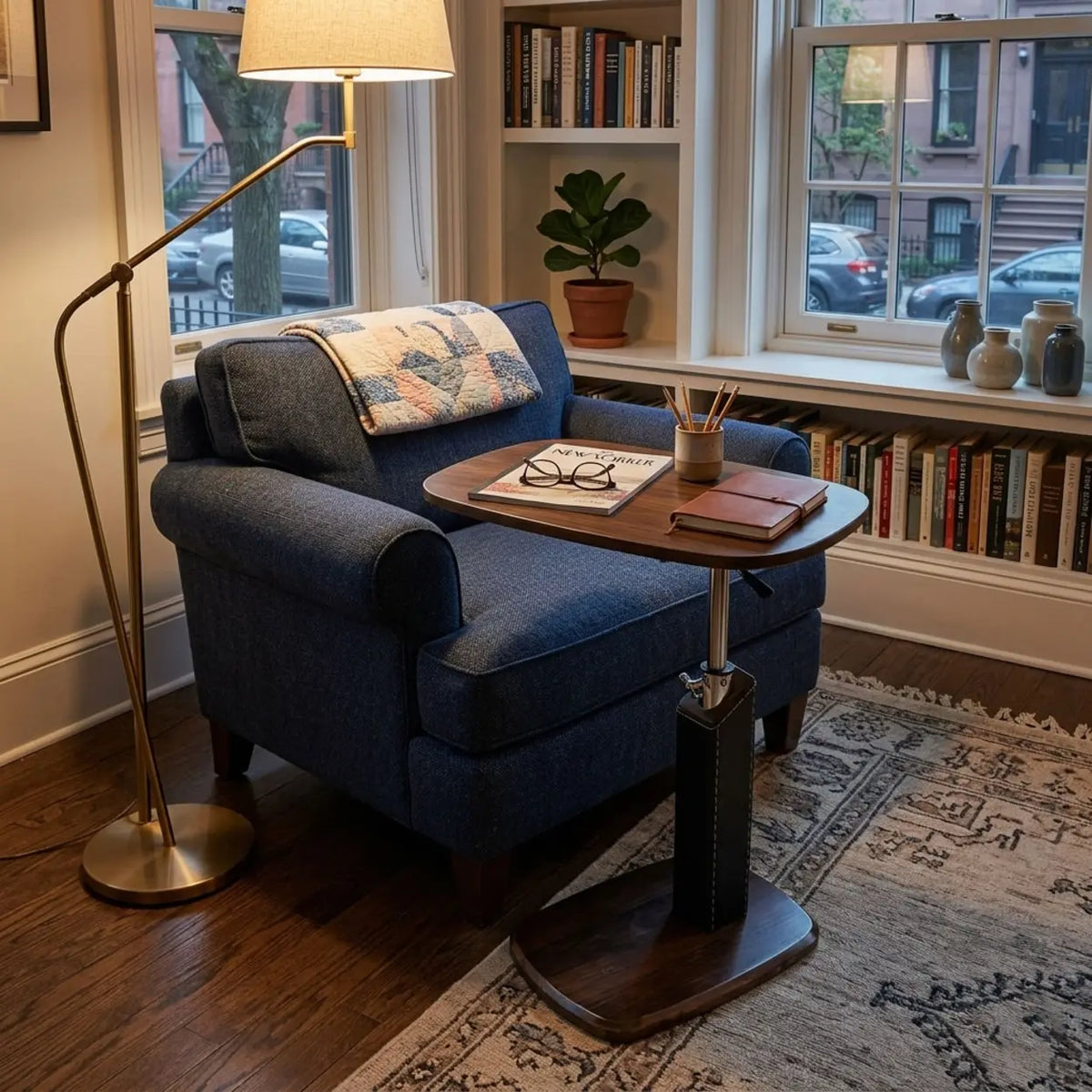 Mid-Century Modern Adjustable Walnut Rolling Side Table