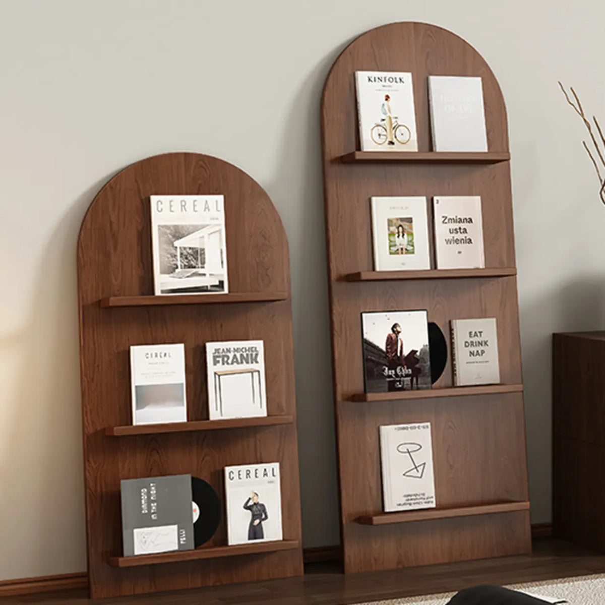 Mid-Century Modern Arched Wood Vertical Bookshelf Display Rack