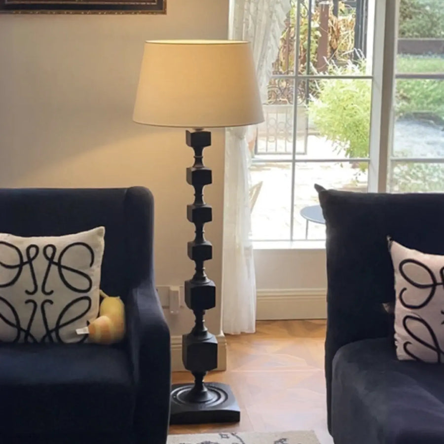 Mid-Century Modern Barrel Fabric Black Wood Floor Lamp
