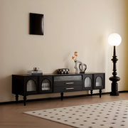 Mid-Century Modern Black TV Stand with Cabinet Glass Doors