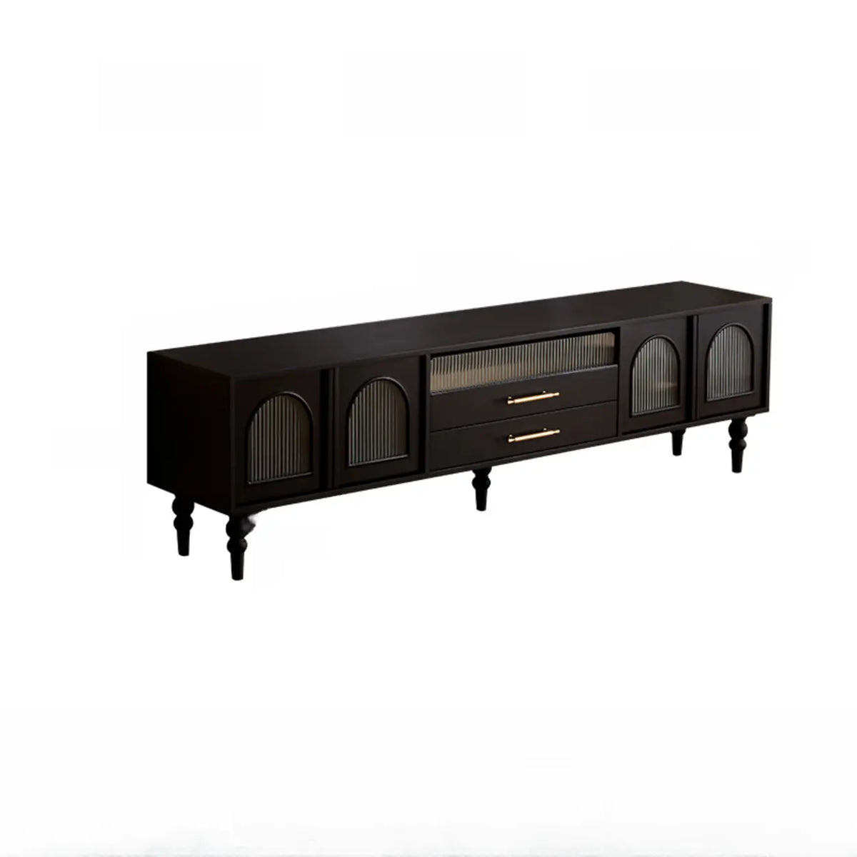 Mid-Century Modern Black TV Stand with Cabinet Glass Doors