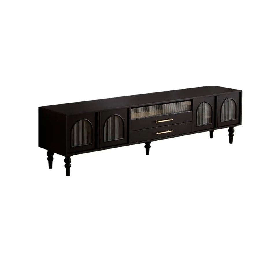 Mid-Century Modern Black TV Stand with Cabinet Glass Doors