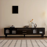 Mid-Century Modern Black TV Stand with Cabinet Glass Doors