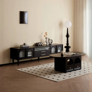 Mid-Century Modern Black TV Stand with Cabinet Glass Doors