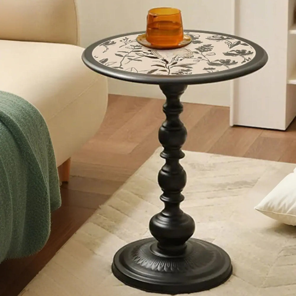 Mid-Century Modern Black Wood Round Pedestal Side Table