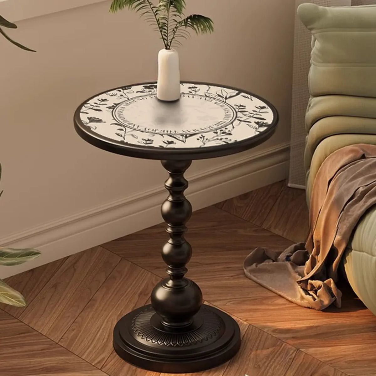 Mid-Century Modern Black Wood Round Pedestal Side Table