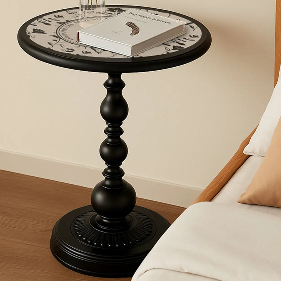 Mid-Century Modern Black Wood Round Pedestal Side Table