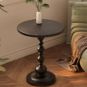 Mid-Century Modern Black Wood Round Pedestal Side Table