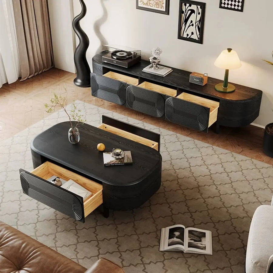 Mid-Century Modern Black Wood TV Stand with Drawers