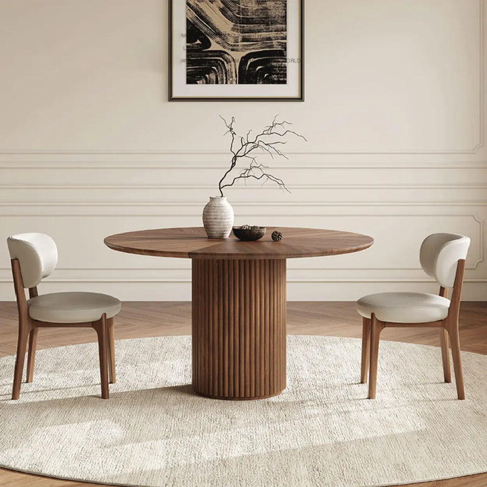Mid-Century Modern Fluted Pedestal Round Wood Dining Table