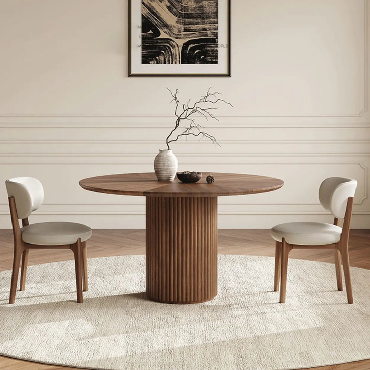 Mid-Century Modern Fluted Pedestal Round Wood Dining Table