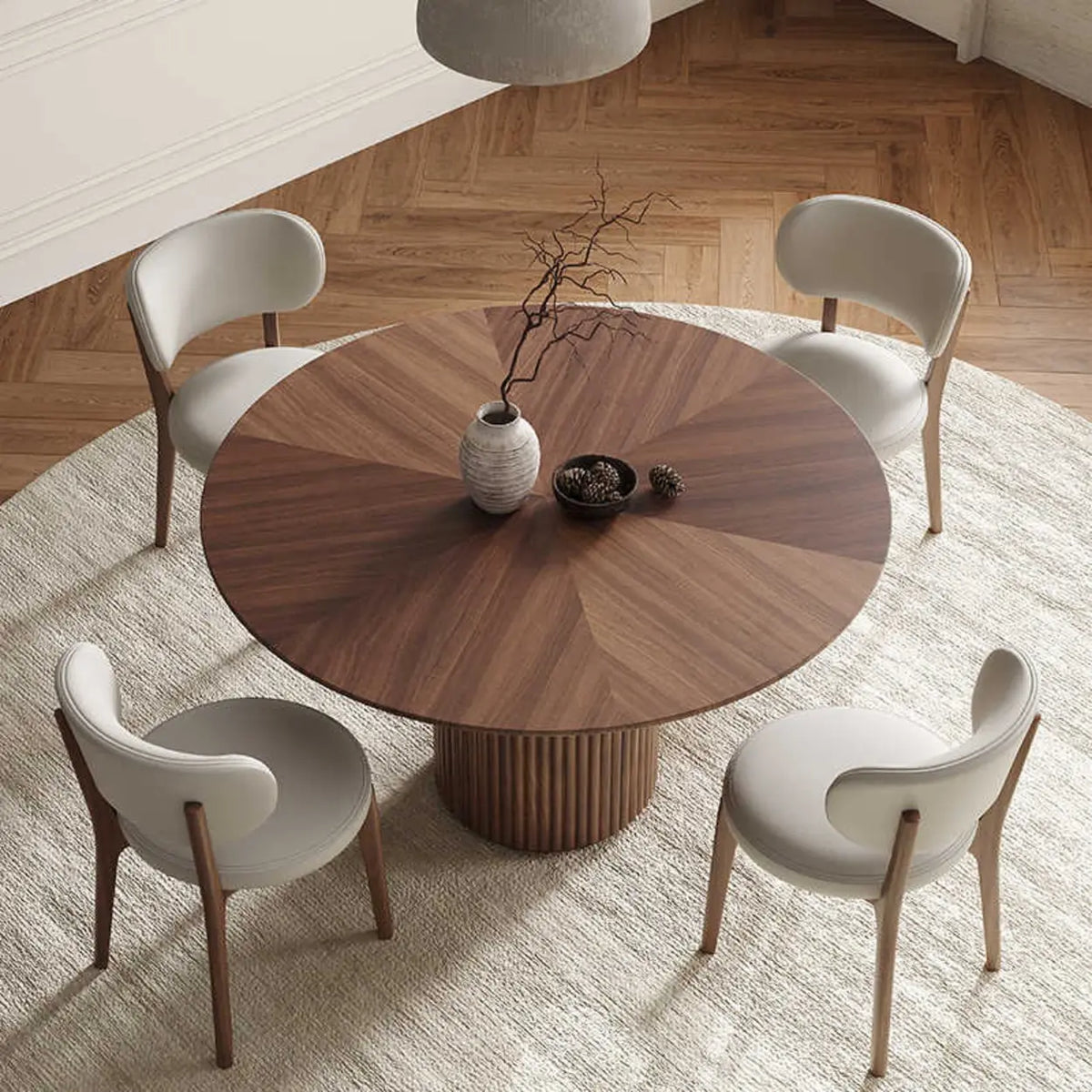 Mid-Century Modern Fluted Pedestal Round Wood Dining Table