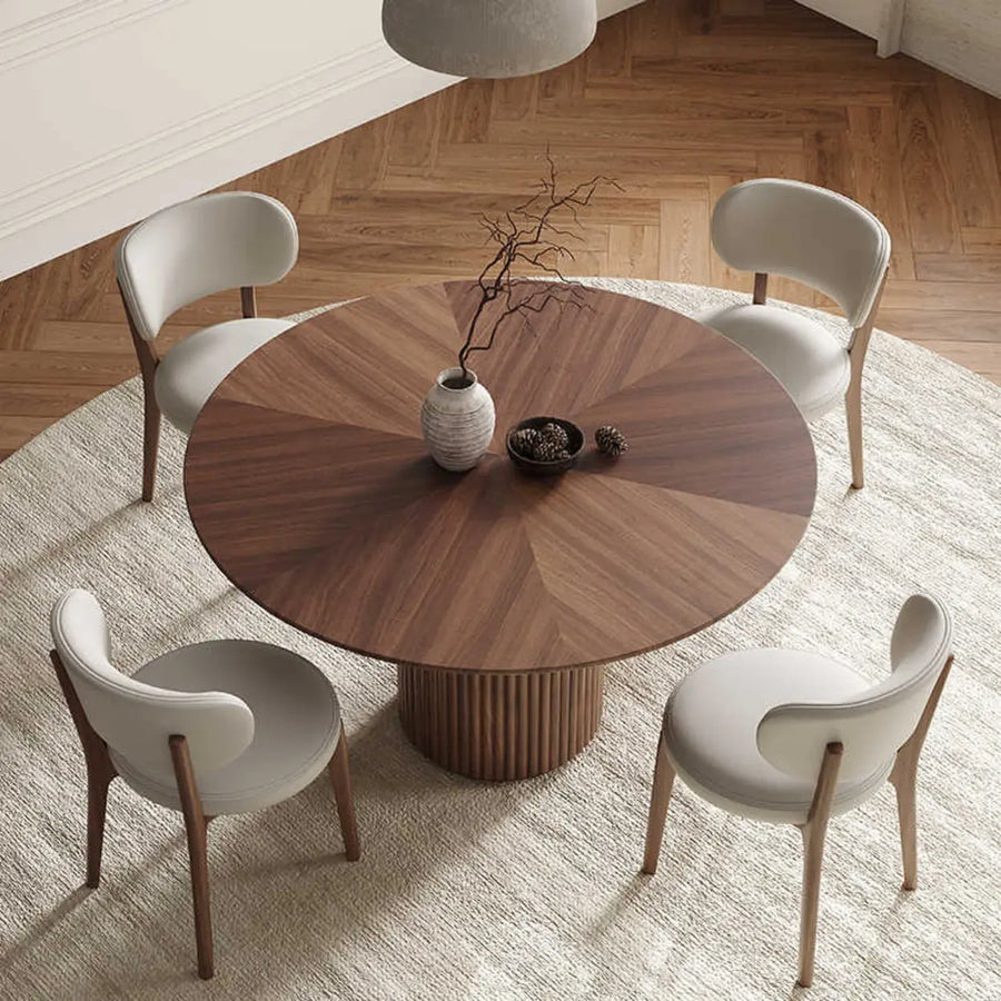 Mid-Century Modern Fluted Pedestal Round Wood Dining Table