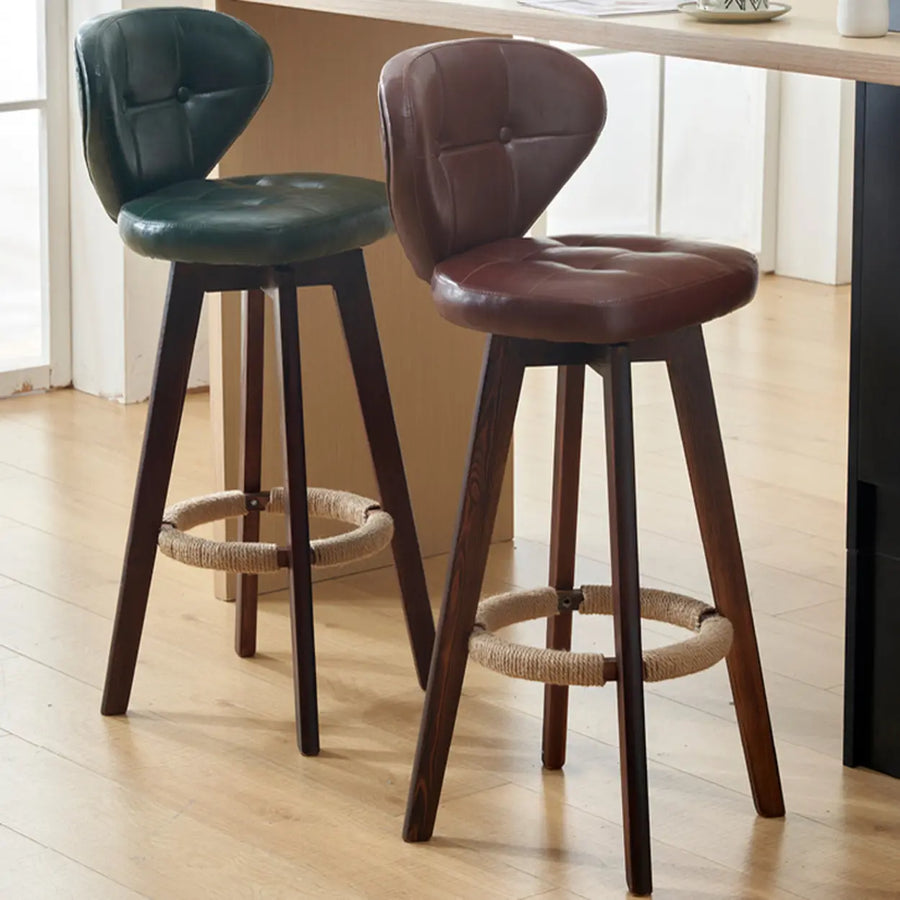 Mid-Century Modern Leather Bar Stool with Wooden Legs