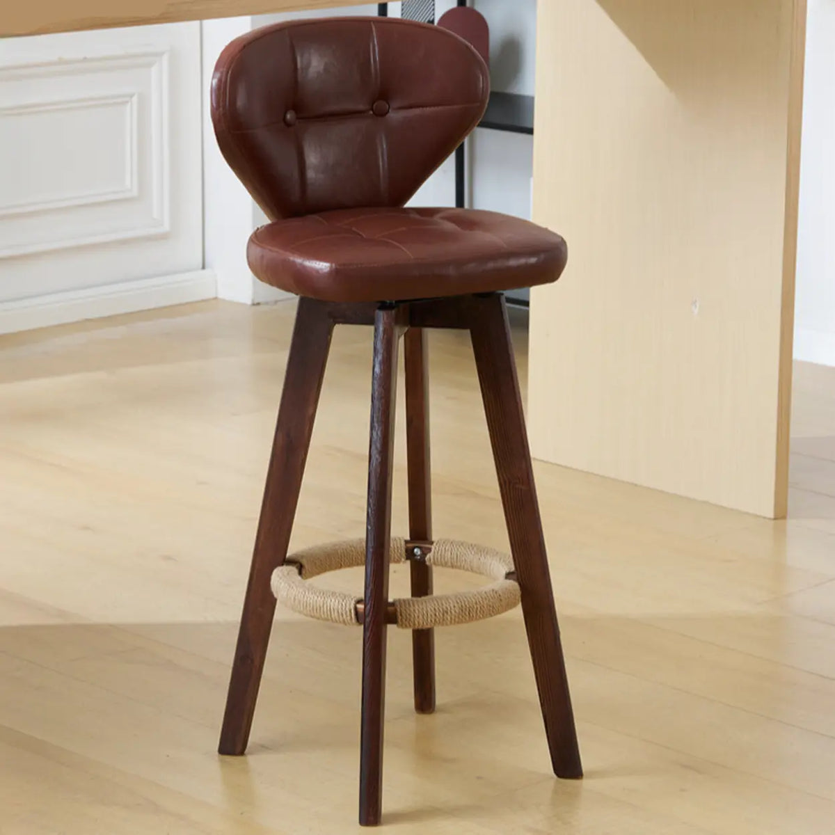 Mid-Century Modern Leather Bar Stool with Wooden Legs