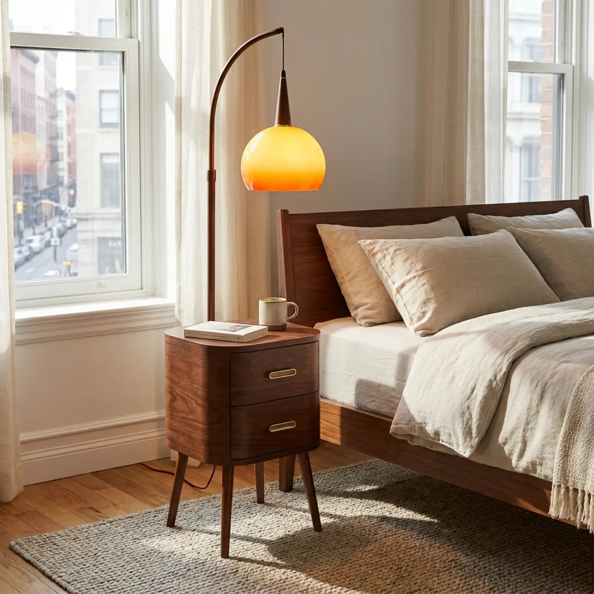 Mid-Century Modern Orange Floor Lamp with Table Drawers