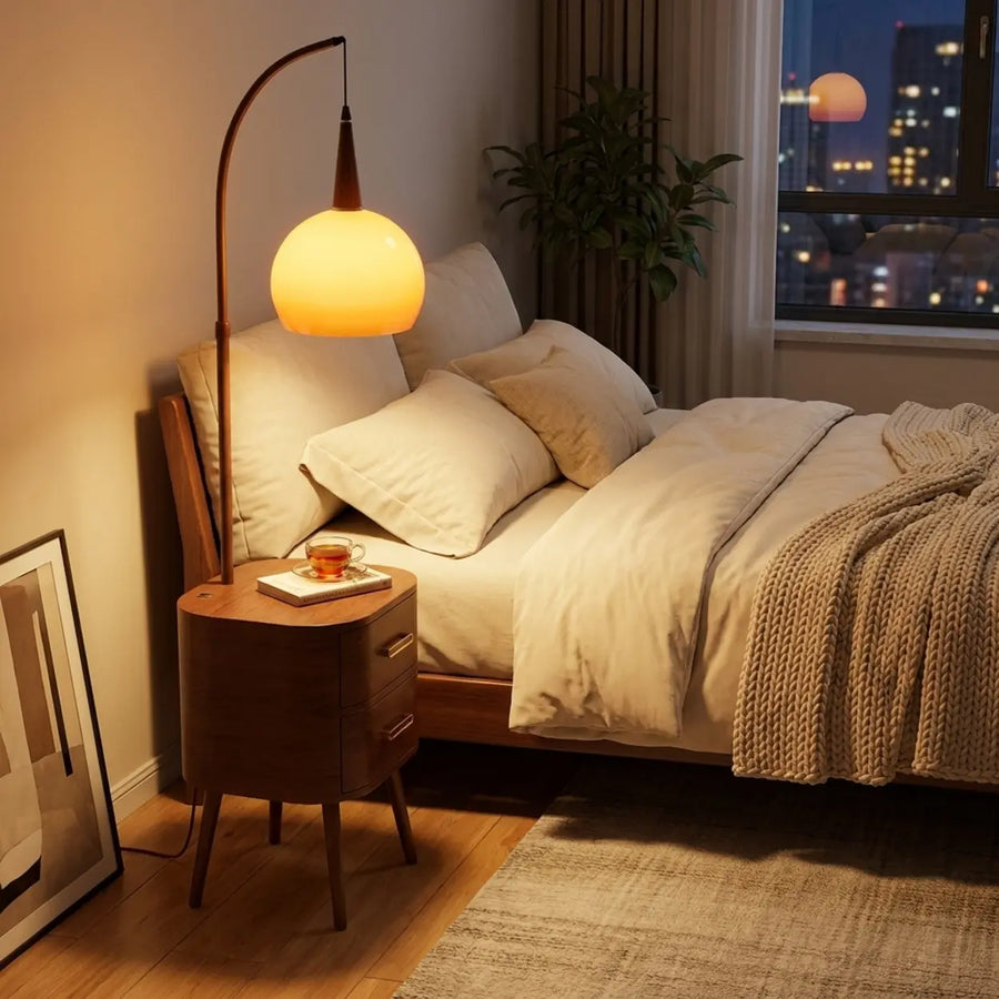 Mid-Century Modern Orange Floor Lamp with Table Drawers