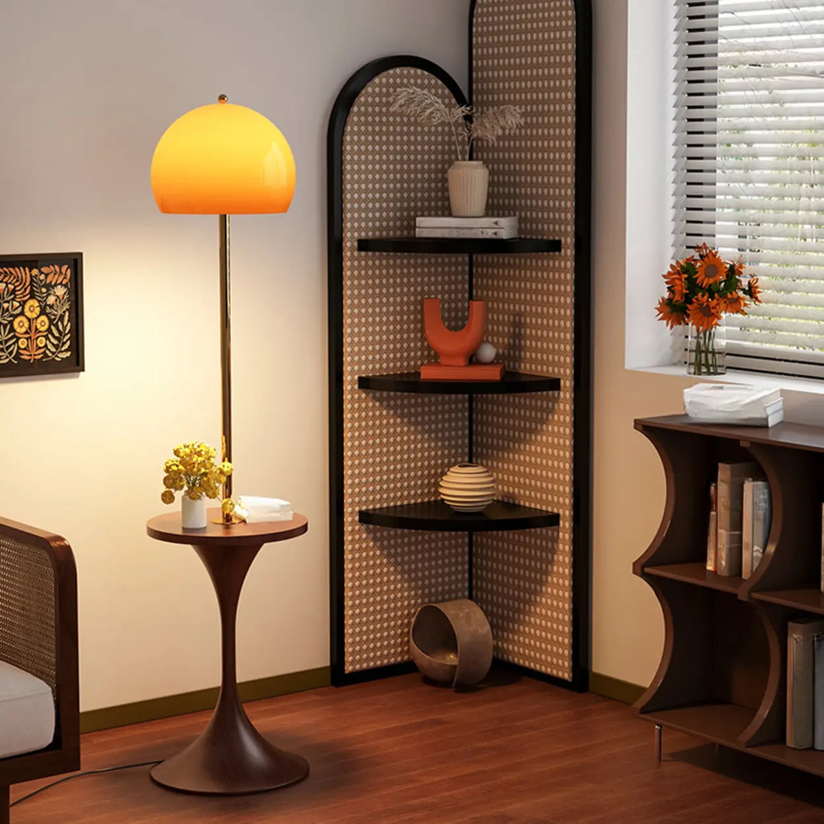 Mid-Century Modern Orange Glass Globe Floor Lamp with Shelf