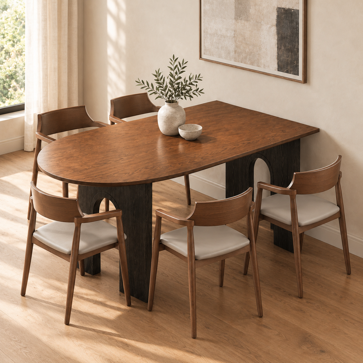 Mid-Century Modern Peninsula Wood Brown Dining Table