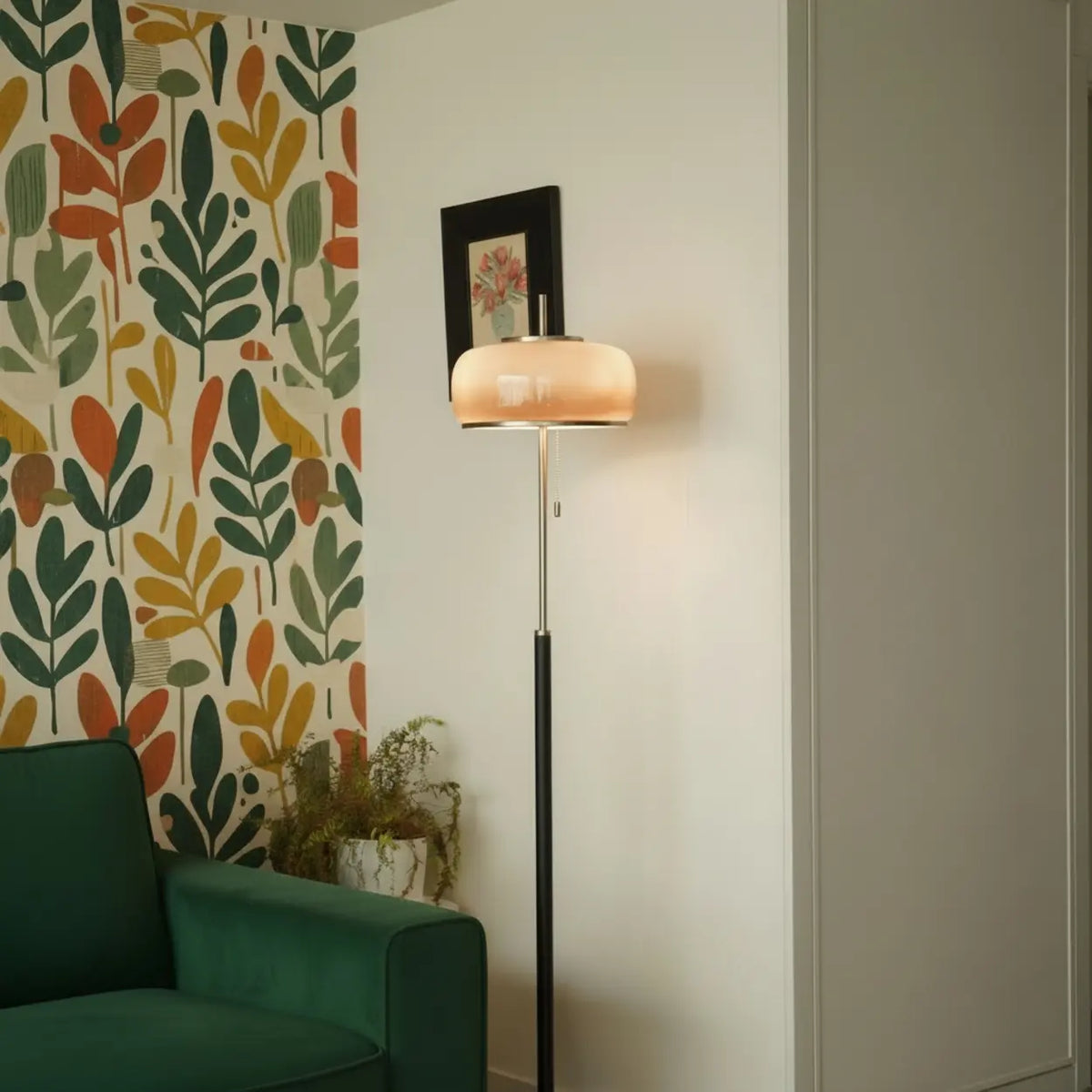 Mid-Century Modern Pull Chain Glass Bowl Round Floor Lamp
