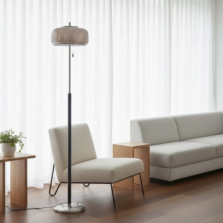 Mid-Century Modern Pull Chain Glass Bowl Round Floor Lamp