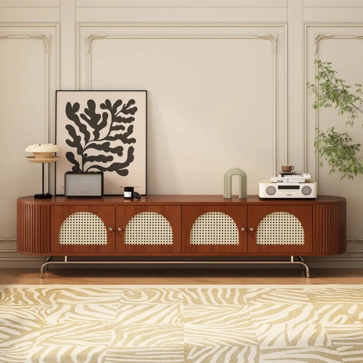 Mid-Century Modern Rattan TV Stand with Ample Storage