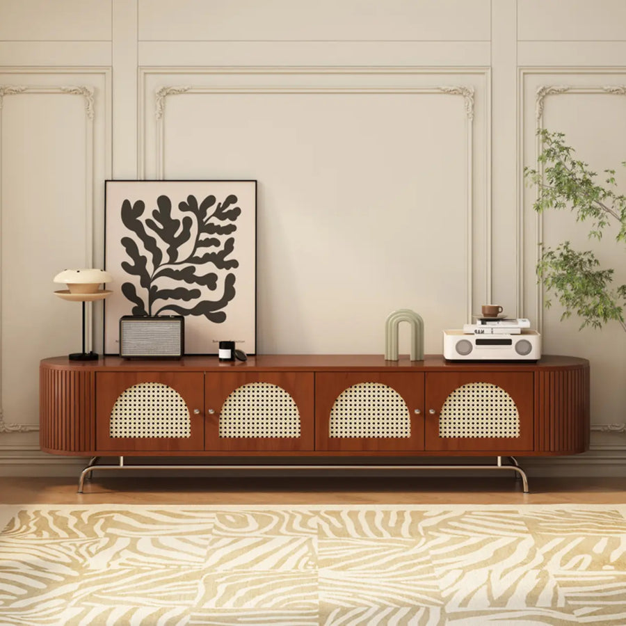 Mid-Century Modern Rattan TV Stand with Ample Storage