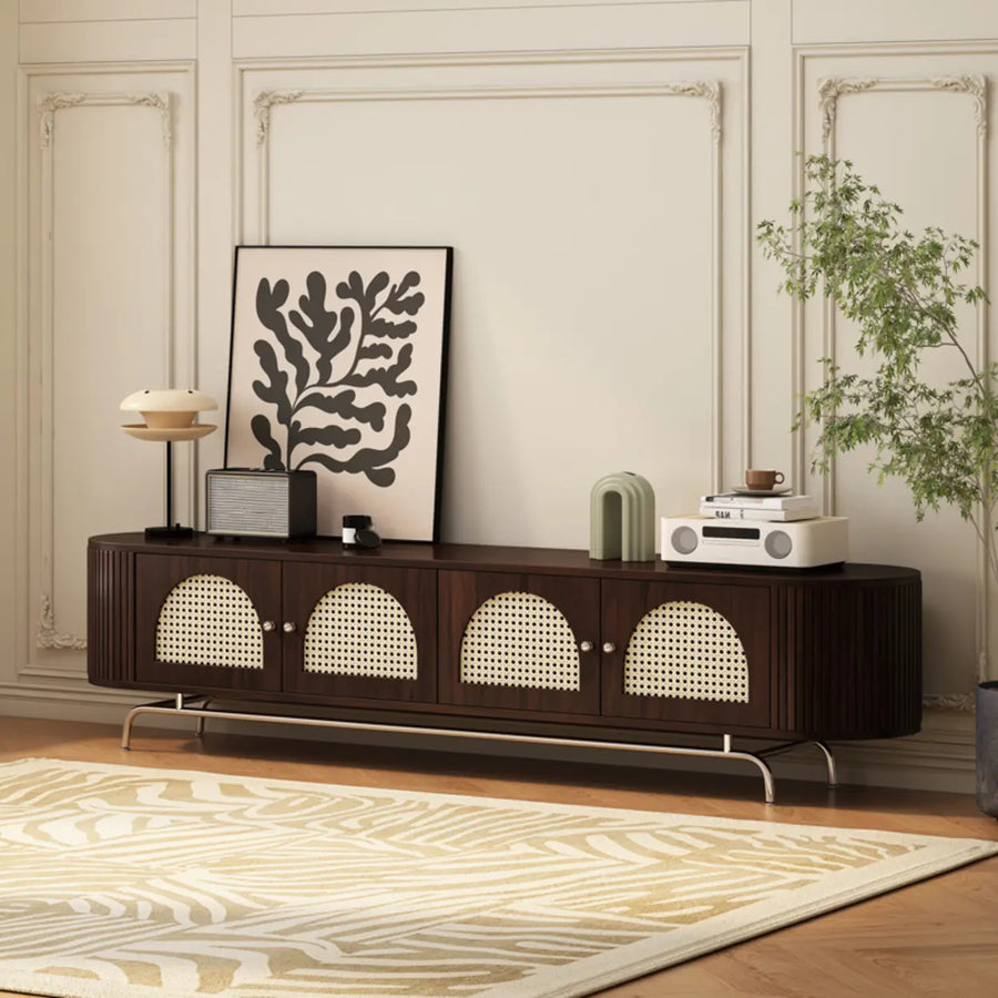 Mid-Century Modern Rattan TV Stand with Ample Storage