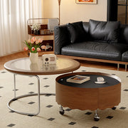 Mid-Century Modern Round Coffee Table with Drawer & Wheel