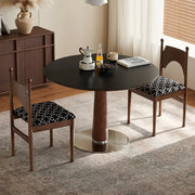 Mid-Century Modern Round Stone Top Wood Pedestal Dining Table