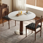 Mid-Century Modern Round Stone Top Wood Pedestal Dining Table