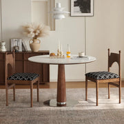 Mid-Century Modern Round Stone Top Wood Pedestal Dining Table